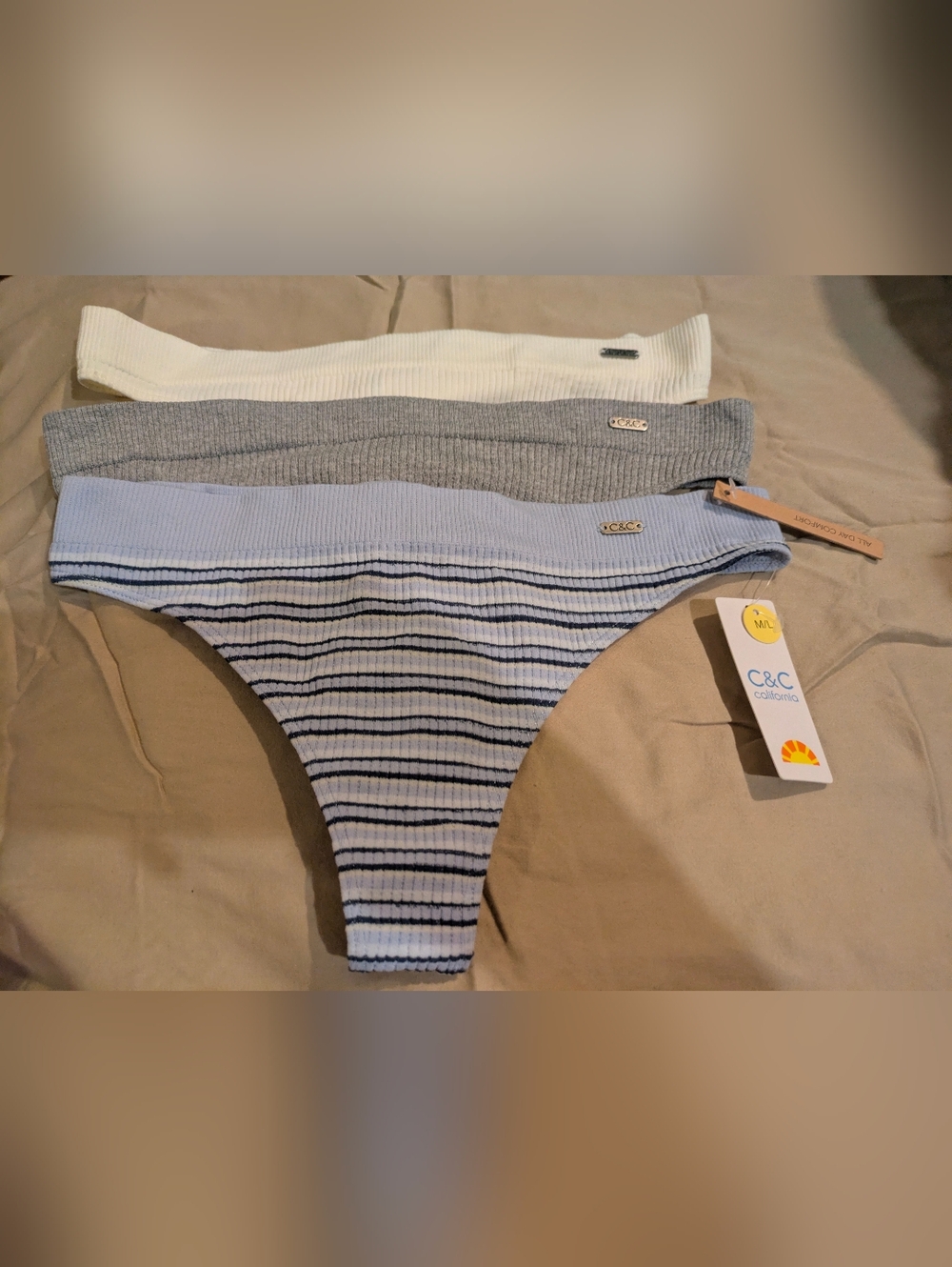 C & C California Ribbed Thong Underwear Undies - 3pk Blue, Gray, White M/L
